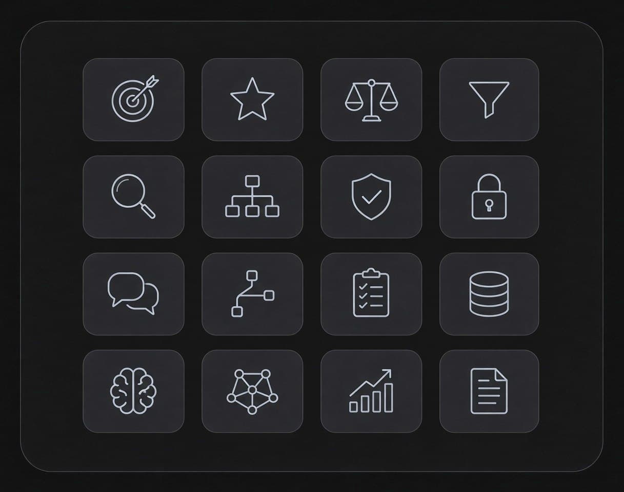 A grid of outlined icons — target, star, scales, funnel, magnifier, hierarchy, shield, lock, dialogue, branching path, checklist, datastore, brain, node graph, rising chart, document — representing the kinds of work the skills cover.