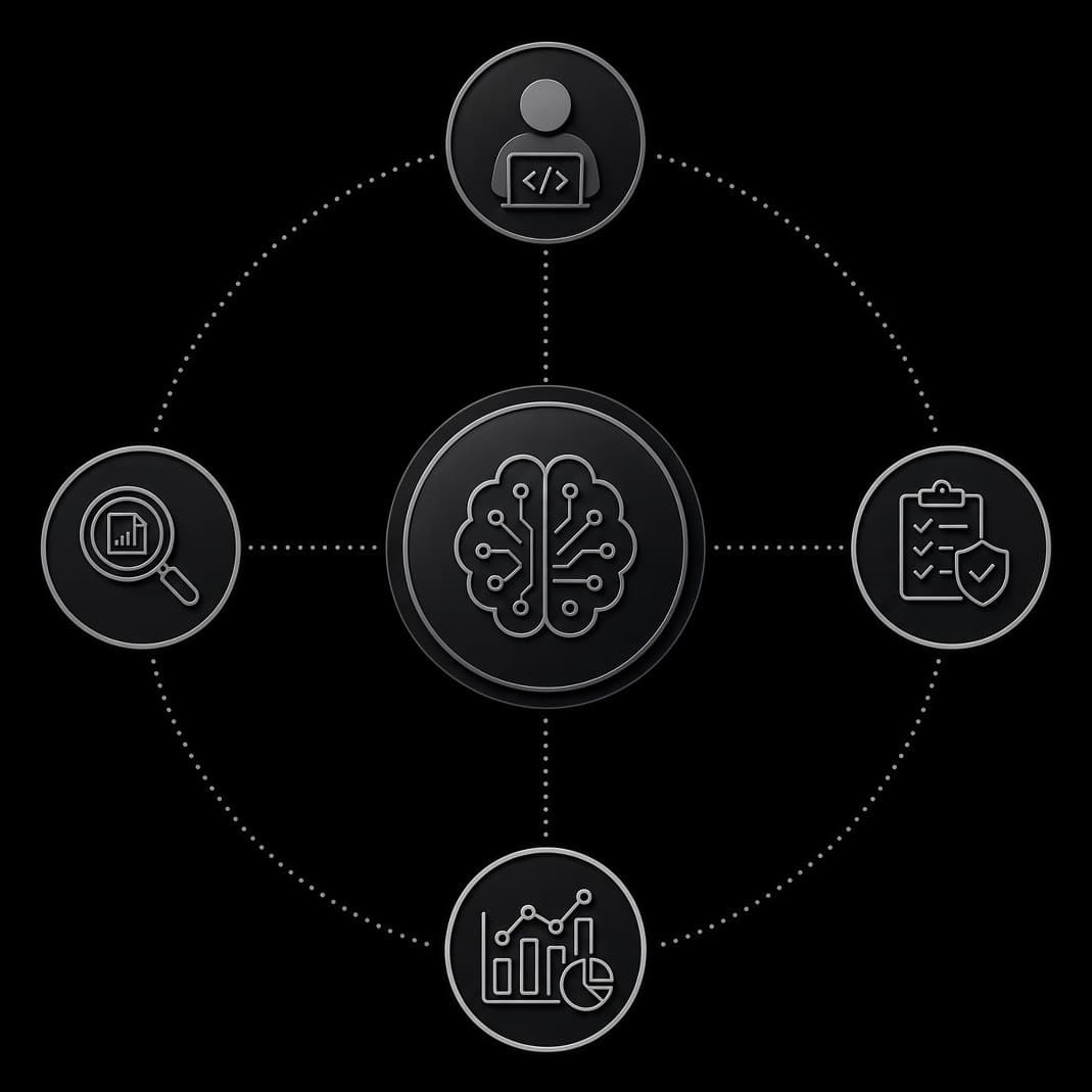 Orchestrator topology: a central orchestrator node ringed by four specialized agents — research, analysis, build and test — each connected to the center and to the ring.