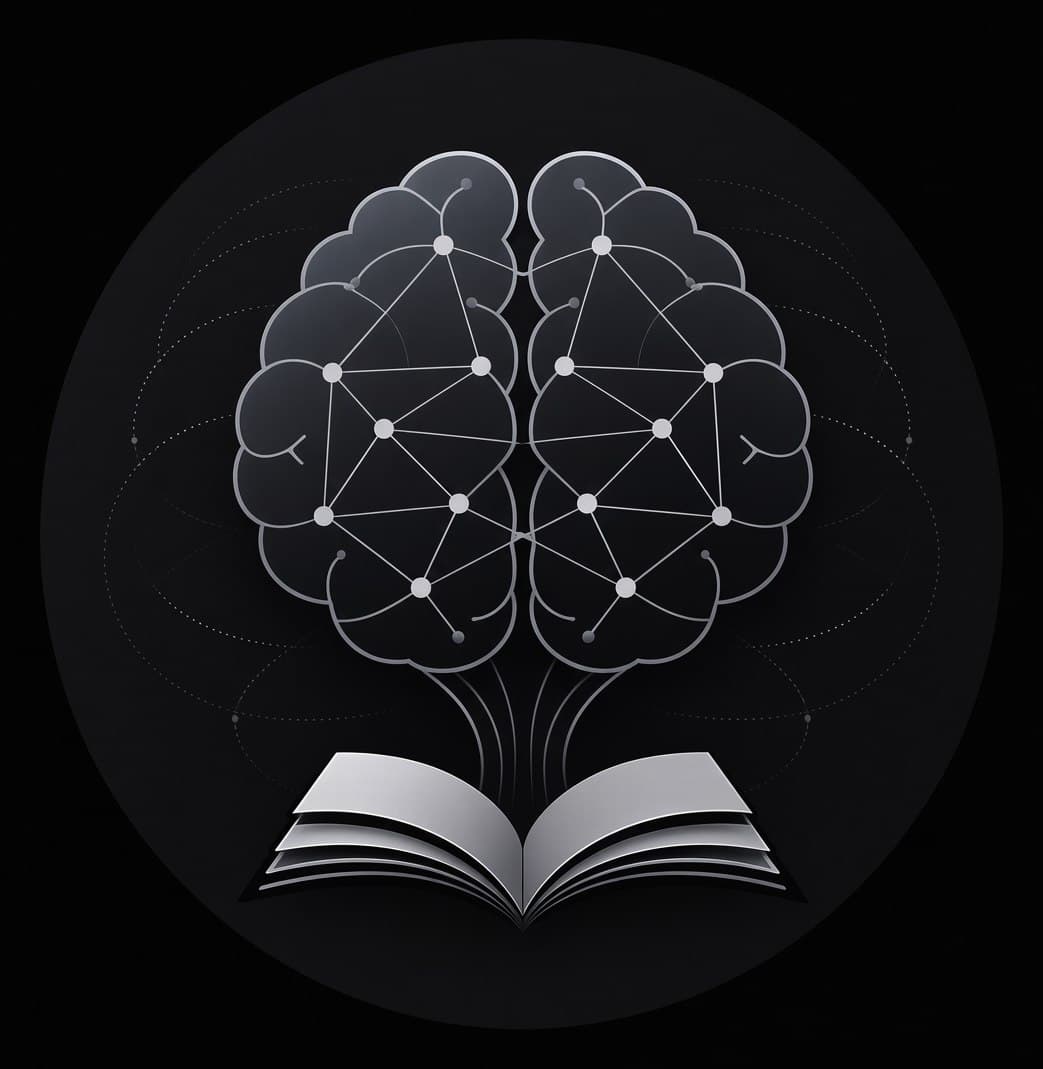 A brain built from interconnected nodes and edges, rising out of an open book — a knowledge base structured to be traversed by a model rather than read by a person.